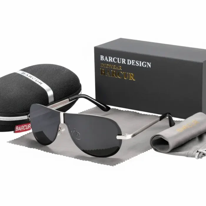 Lunette de soleil homme marque métal rectangulaire Lunette de soleil homme marque à monture métal fine, verres rectangulaires noirs, avec étui, chiffon et boîte de marque.