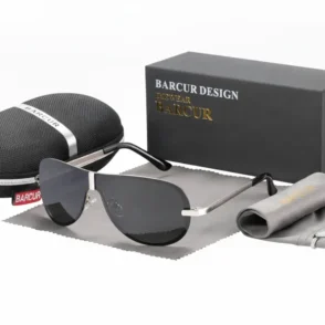 Lunette de soleil homme polarisé BARCUR, monture métallique fine, verres foncés, avec étui rigide zippé et boîte.