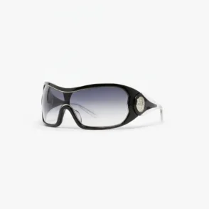 Lunette de soleil masque homme noire, verre monobloc dégradé foncé en haut et clair en bas, branches à embout transparent.