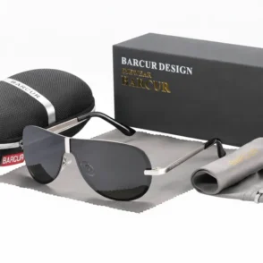 Lunette de soleil polarisé homme à verres foncés, monture métallique fine, avec étui de protection et pochette de nettoyage.