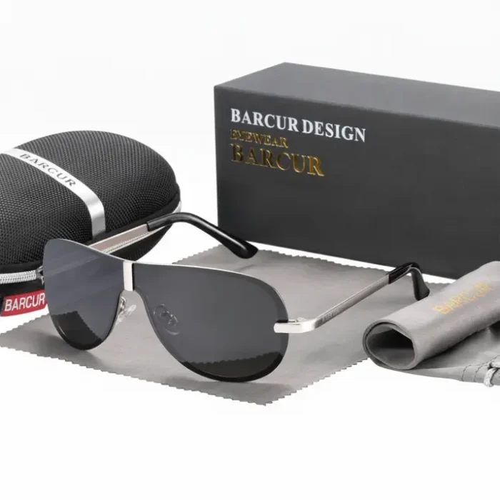 Lunette de soleil polarisé homme monture métal Lunette de soleil polarisé homme à verres foncés, monture métallique fine, avec étui de protection et pochette de nettoyage.