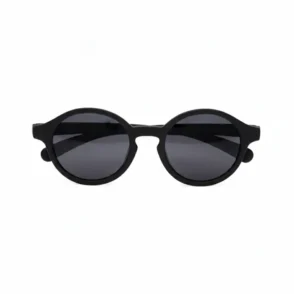 Lunette de soleil pour enfant à monture ronde épaisse noire avec verres sombres et branches épaisses, vue de face.