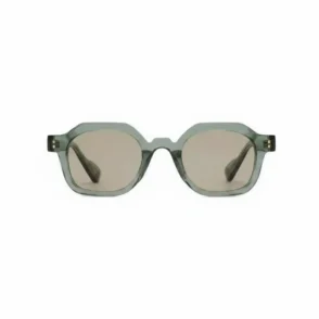 Lunette de soleil protection à monture épaisse transparente légèrement verte, verres bruns et lignes angulaires modernes.
