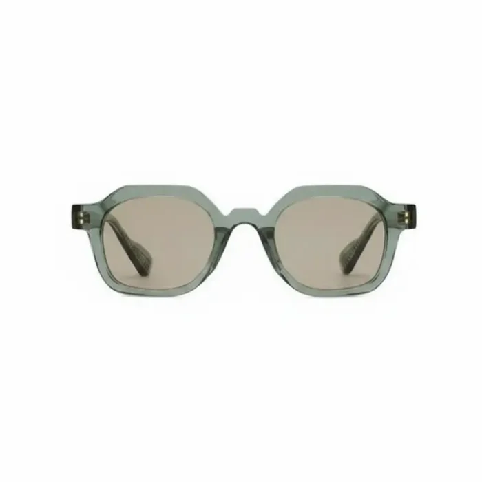 Lunette de soleil protection monture transparente Lunette de soleil protection à monture épaisse transparente légèrement verte, verres bruns et lignes angulaires modernes.