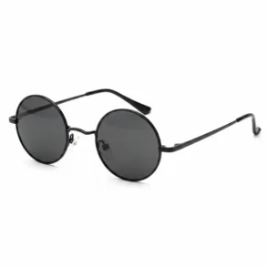 Lunette de soleil ronde homme avec verres ronds foncés et monture minimaliste en métal sombre, branches fines droites.