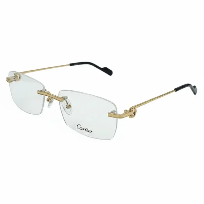 Lunette de vue Cartier homme rectangulaire sans monture, branches fines dorées, embouts noirs et plaquettes nasales réglables.