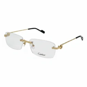 Lunette de vue Cartier semi-monture en métal doré, verres transparents, branches fines et logo Cartier discret sur un verre.