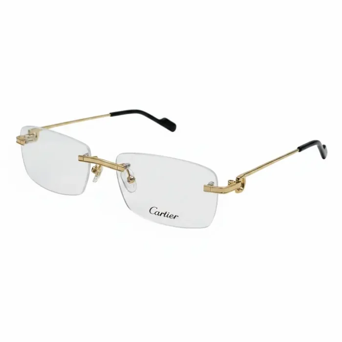 Lunette de vue Cartier semi-monture en métal doré, verres transparents, branches fines et logo Cartier discret sur un verre.
