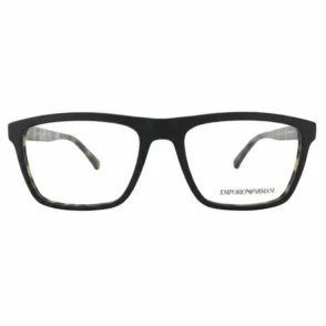 Lunette de vue Emporio Armani homme rectangulaire noire, verres transparents et logo Emporio Armani visible sur la branche.