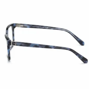Lunette de vue Guess homme à monture rectangulaire en plastique bleu marbré, branches fines avec charnières métalliques.
