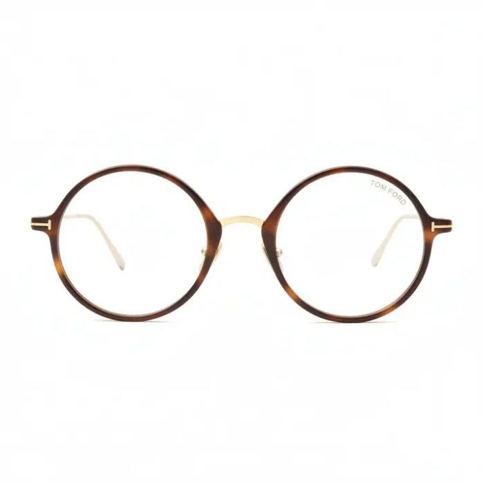 Lunette de vue Tom Ford femme à monture ronde écaille marron/noir, pont métal doré et branches fines avec détail en T.