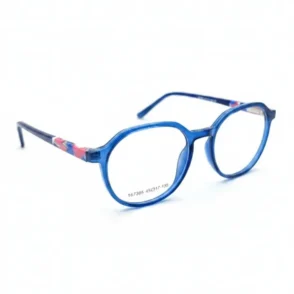 Lunette de vue garcon avec monture plastique bleue, verres clairs ovales et branches flexibles à motifs colorés.