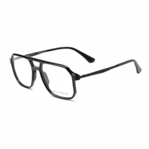 Lunette de vue homme rectangulaire noire avec verres transparents, monture angulaire et branches fines avec charnières robustes.