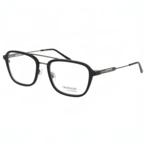 Lunette de vue homme tendance noire avec monture fine, verres rectangulaires arrondis et plaquettes de nez ajustables.