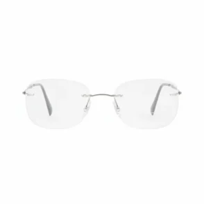 Lunette de vue pas cher sans monture visible, verres rectangulaires transparents et branches fines en métal.