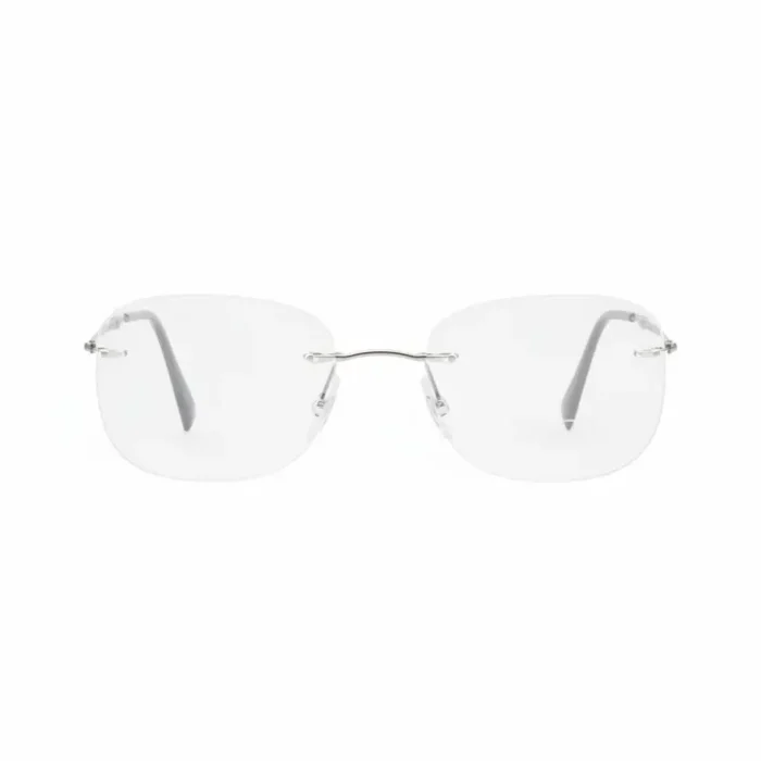 Lunette de vue pas cher sans monture rectangulaire Lunette de vue pas cher sans monture visible, verres rectangulaires transparents et branches fines en métal.