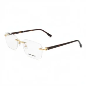 Lunette de vue percée homme rectangulaire, branches fines effet bois et ponts dorés avec plaquettes de nez réglables.