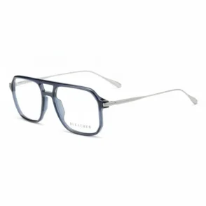 Lunette de vue rectangulaire à monture bleue transparente, branches métalliques fines et double pont, vue de face.