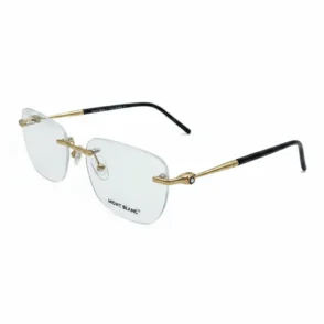 Lunette de vue sans monture avec branches fines dorées, embouts noirs et plaquettes nasales transparentes ajustables.