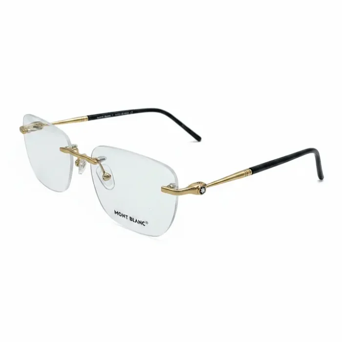 Lunette de vue sans monture avec branches fines dorées, embouts noirs et plaquettes nasales transparentes ajustables.