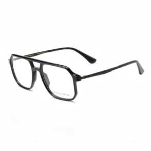 Lunette de vue stylé en plastique noir brillant, forme rectangulaire géométrique, verres clairs larges, branches fines.