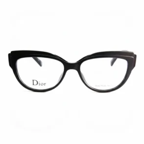 Lunette vue Dior style cat-eye en plastique noir avec monture épaisse, verres clairs et logo Dior en bas à gauche.