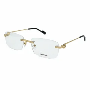 Paire de Lunettes Cartier homme de vue sans monture, pont et branches en métal doré, embouts noirs, logo Cartier sur le verre.