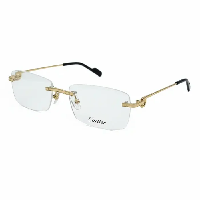 Paire de Lunettes Cartier homme de vue sans monture, pont et branches en métal doré, embouts noirs, logo Cartier sur le verre.
