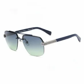 Lunettes de soleil Paris rectangulaires à verres dégradés bleu-vert, monture métallique fine, branches bleu foncé et détails argentés.