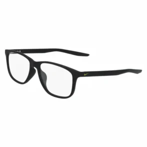 Lunettes de vue Nike noires, monture rectangulaire aux angles arrondis, verres transparents et logo Nike sur la branche.