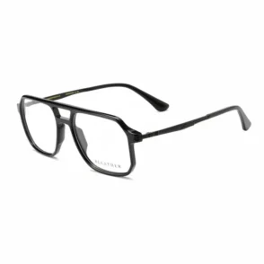 Monture de lunette de vue homme noire, forme rectangulaire aux bords arrondis, branches fines et charnières visibles.