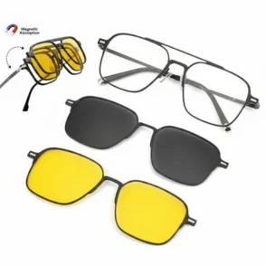 Monture lunette avec clip solaire aimanté, verres transparents et deux clips solaires jaune et foncé fixés par aimant.