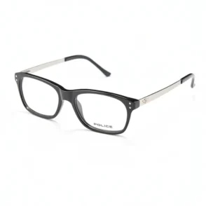 Police lunette de vue homme avec monture rectangulaire en plastique noir et branches métal, logo Police visible sur le verre.