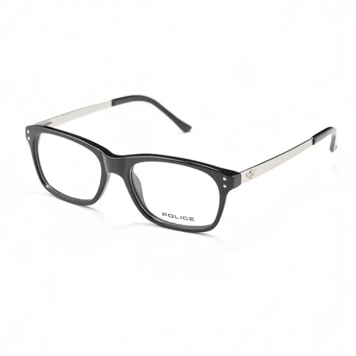 Police lunette de vue homme monture rectangulaire noire Police lunette de vue homme avec monture rectangulaire en plastique noir et branches métal, logo Police visible sur le verre.